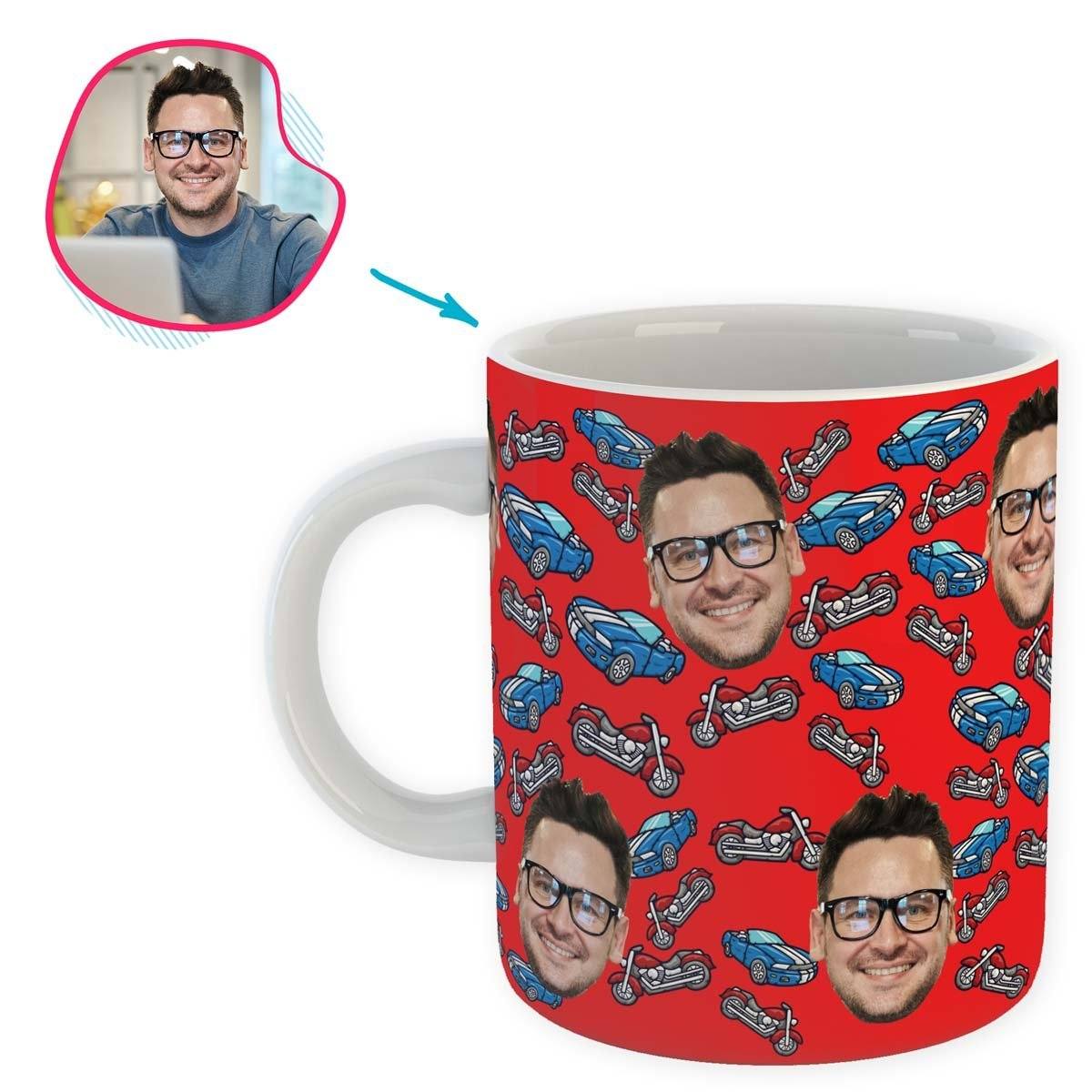 Red Cars & Motorbikes personalized mug with photo of face printed on it
