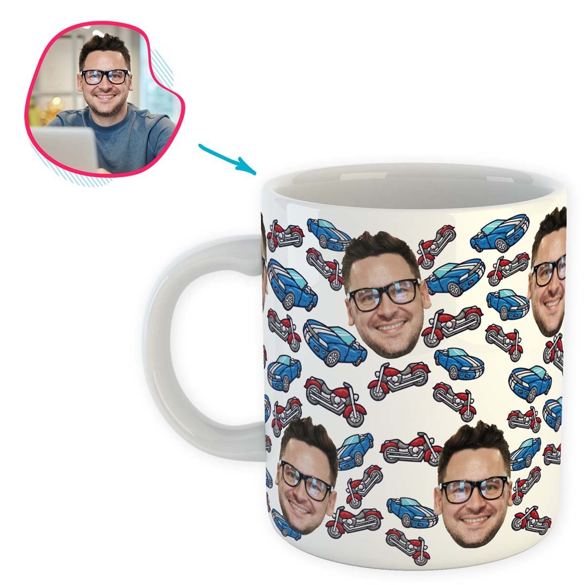 White Cars & Motorbikes personalized mug with photo of face printed on it