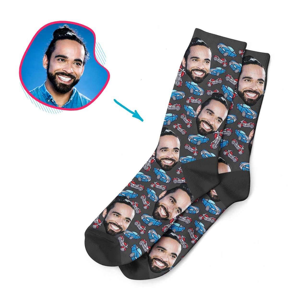 Dark Cars & Motorbikes personalized socks with photo of face printed on them