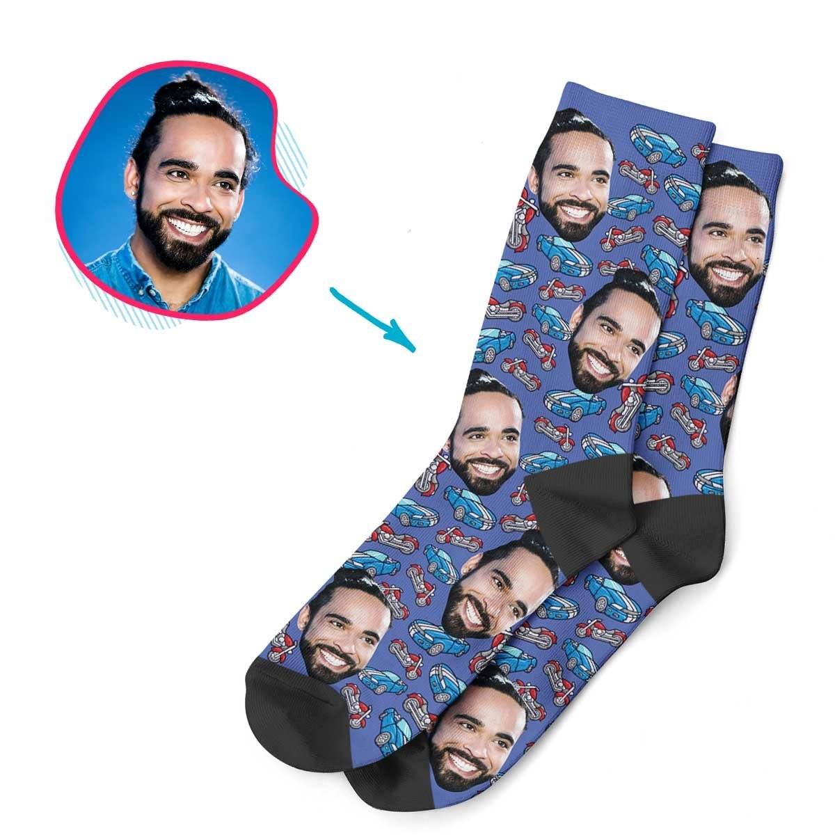 Darkblue Cars & Motorbikes personalized socks with photo of face printed on them