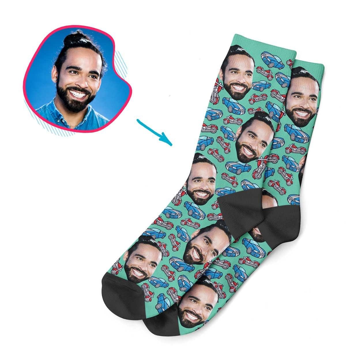 Mint Cars & Motorbikes personalized socks with photo of face printed on them