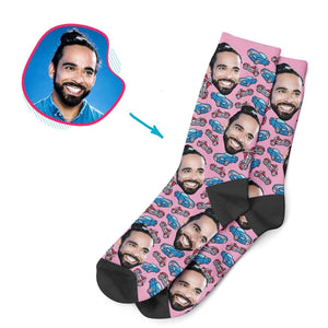 Pink Cars & Motorbikes personalized socks with photo of face printed on them