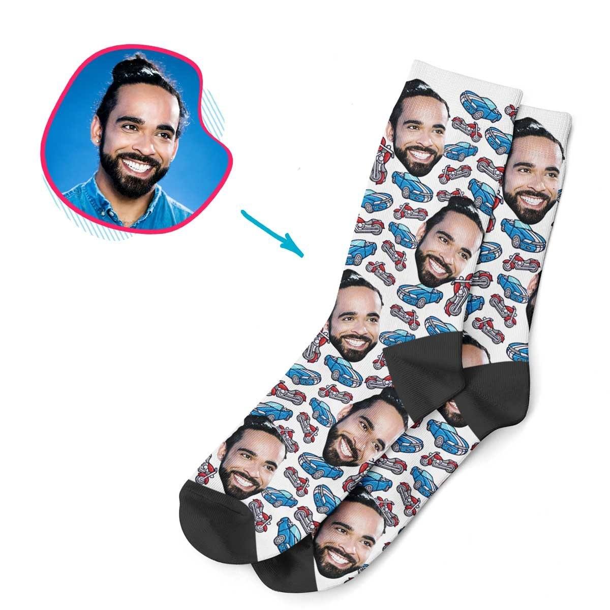 White Cars & Motorbikes personalized socks with photo of face printed on them