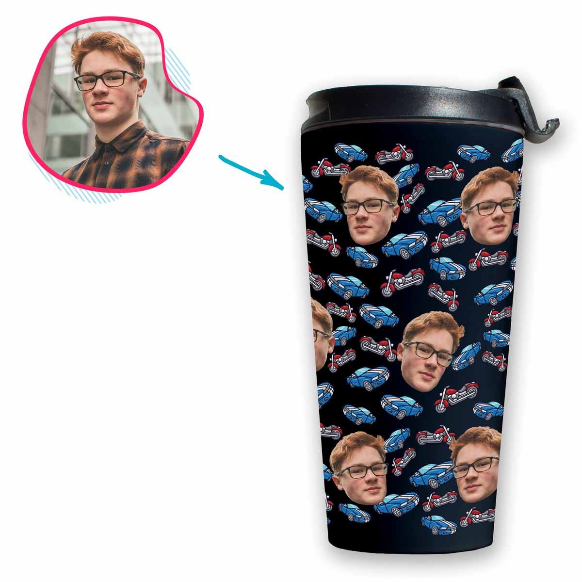 Dark Cars & Motorbikes personalized travel mug with photo of face printed on it