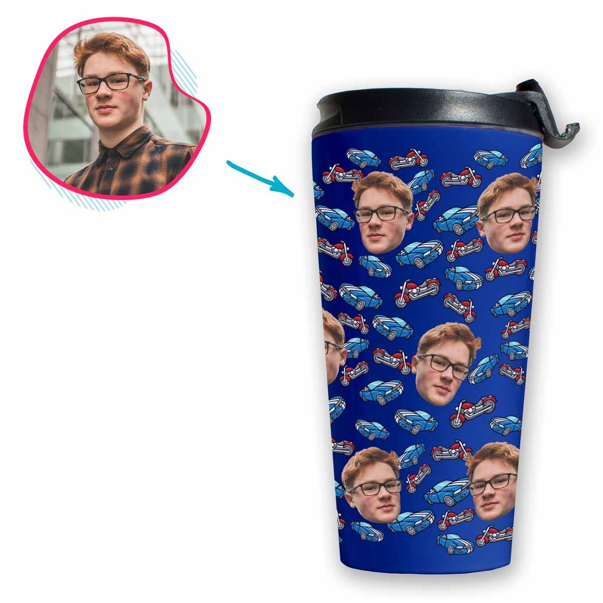 Darkblue Cars & Motorbikes personalized travel mug with photo of face printed on it