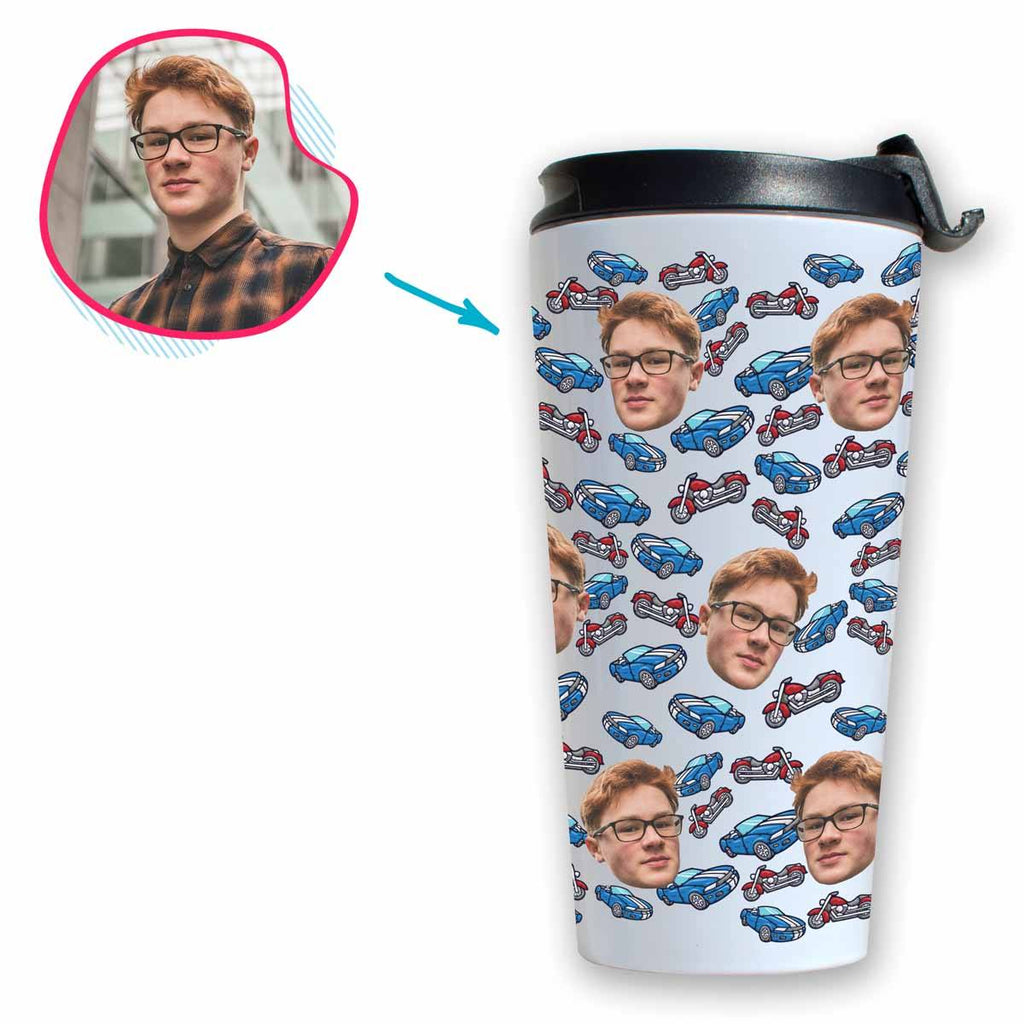 White Cars & Motorbikes personalized travel mug with photo of face printed on it