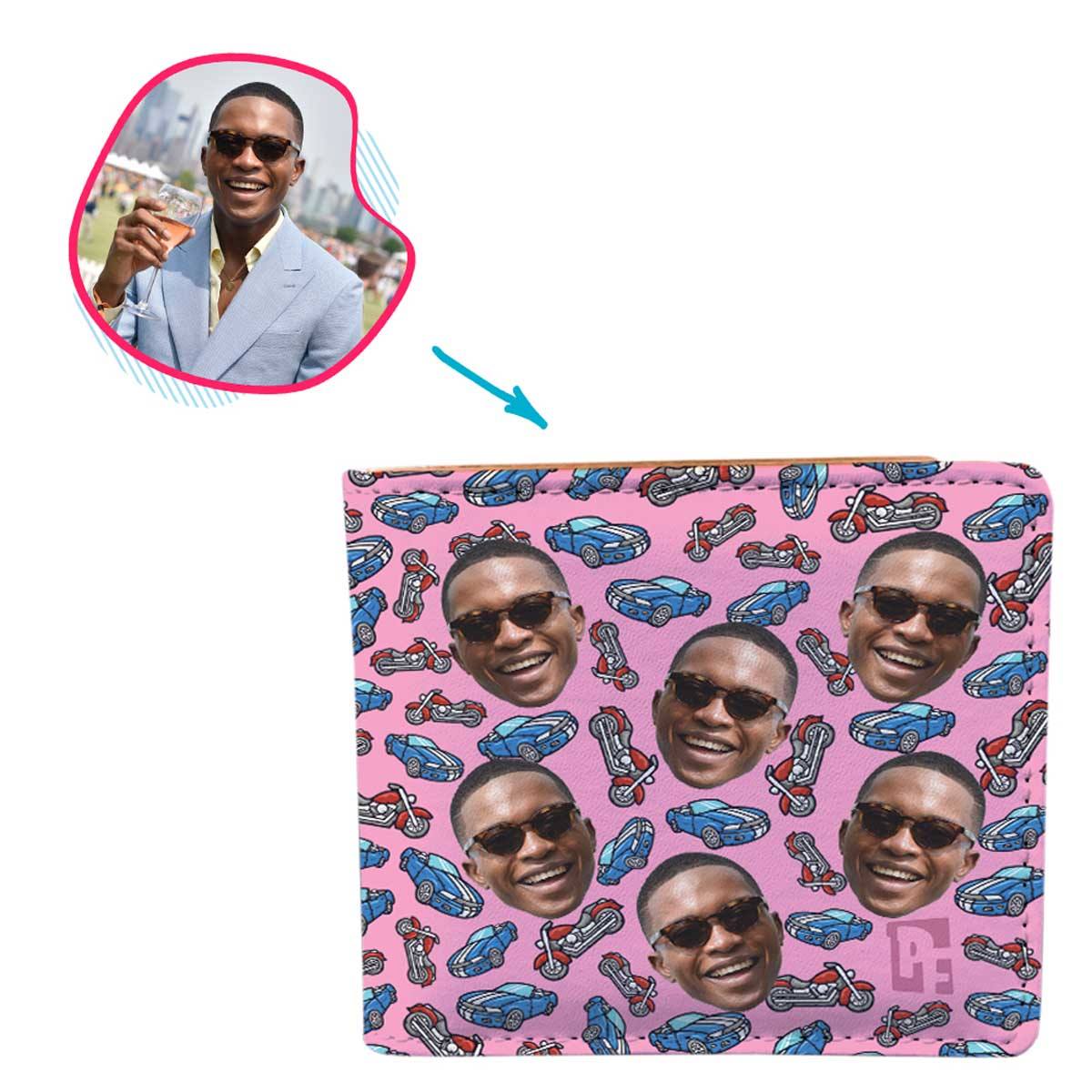 Pink Cars & Motorbikes personalized wallet with photo of face printed on it
