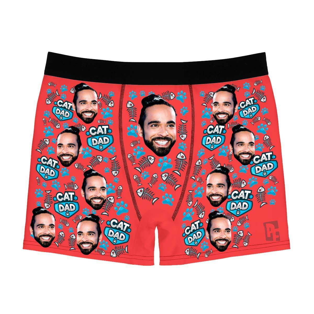 Red Cat dad men's boxer briefs personalized with photo printed on them