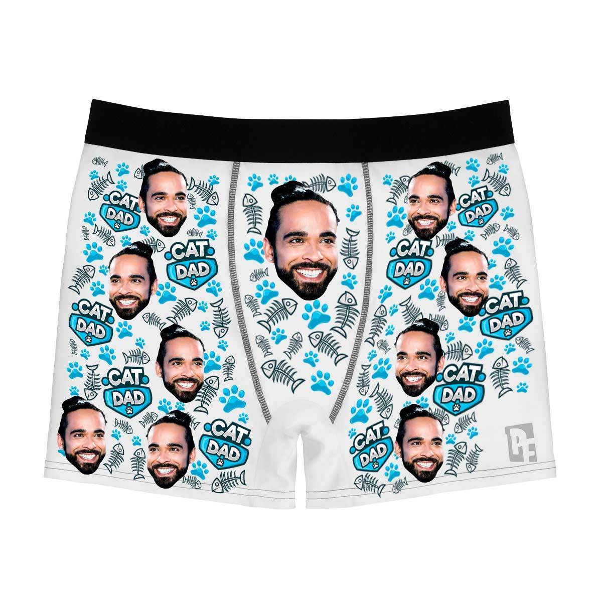 White Cat dad men's boxer briefs personalized with photo printed on them