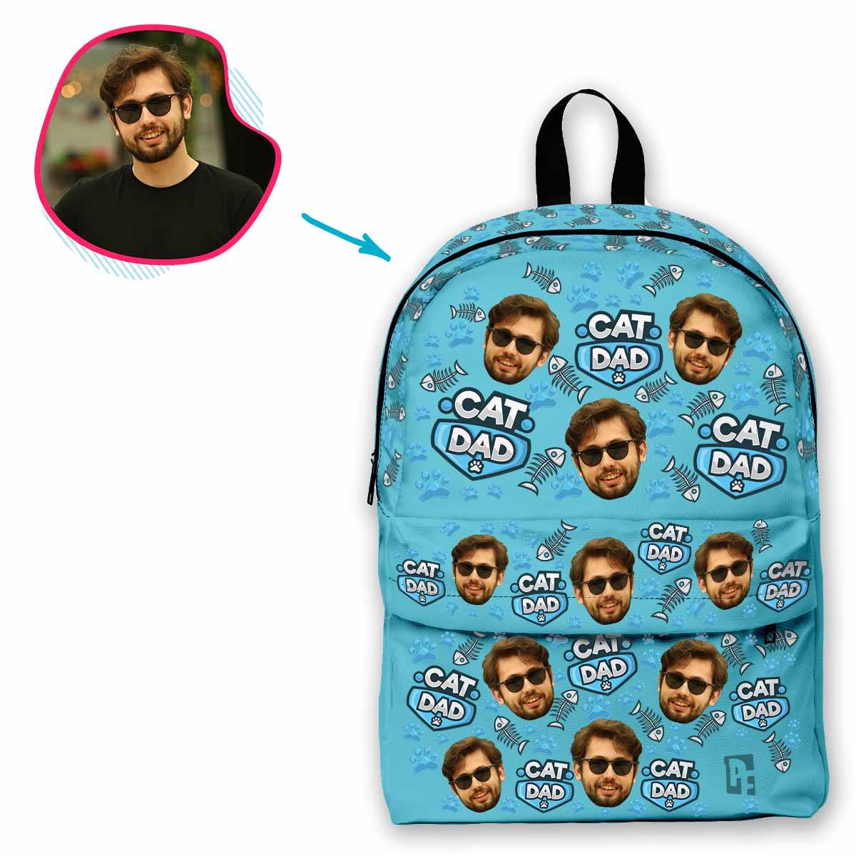 blue Cat Dad classic backpack personalized with photo of face printed on it