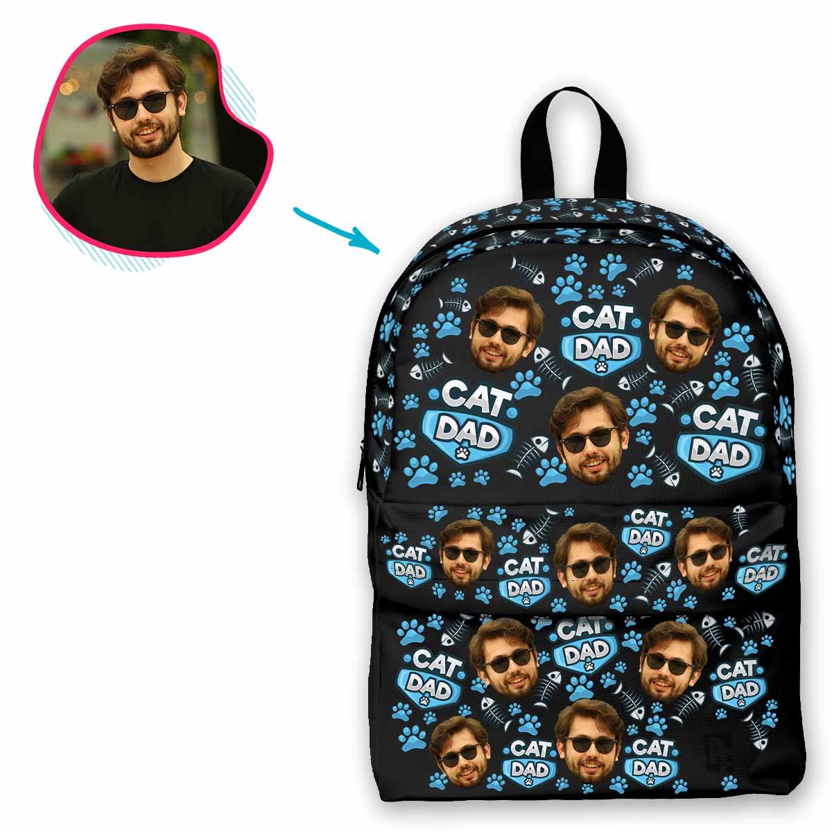 dark Cat Dad classic backpack personalized with photo of face printed on it