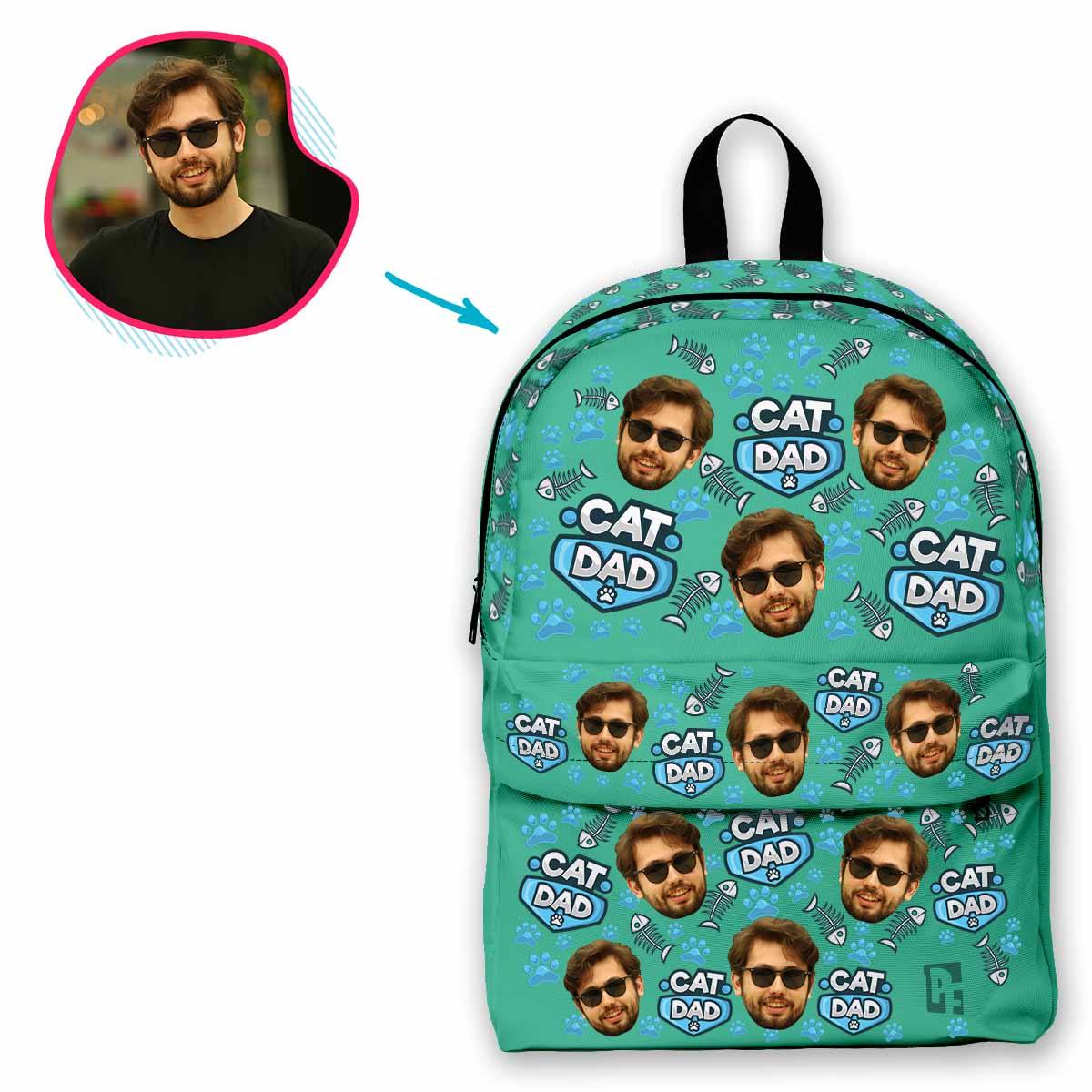mint Cat Dad classic backpack personalized with photo of face printed on it