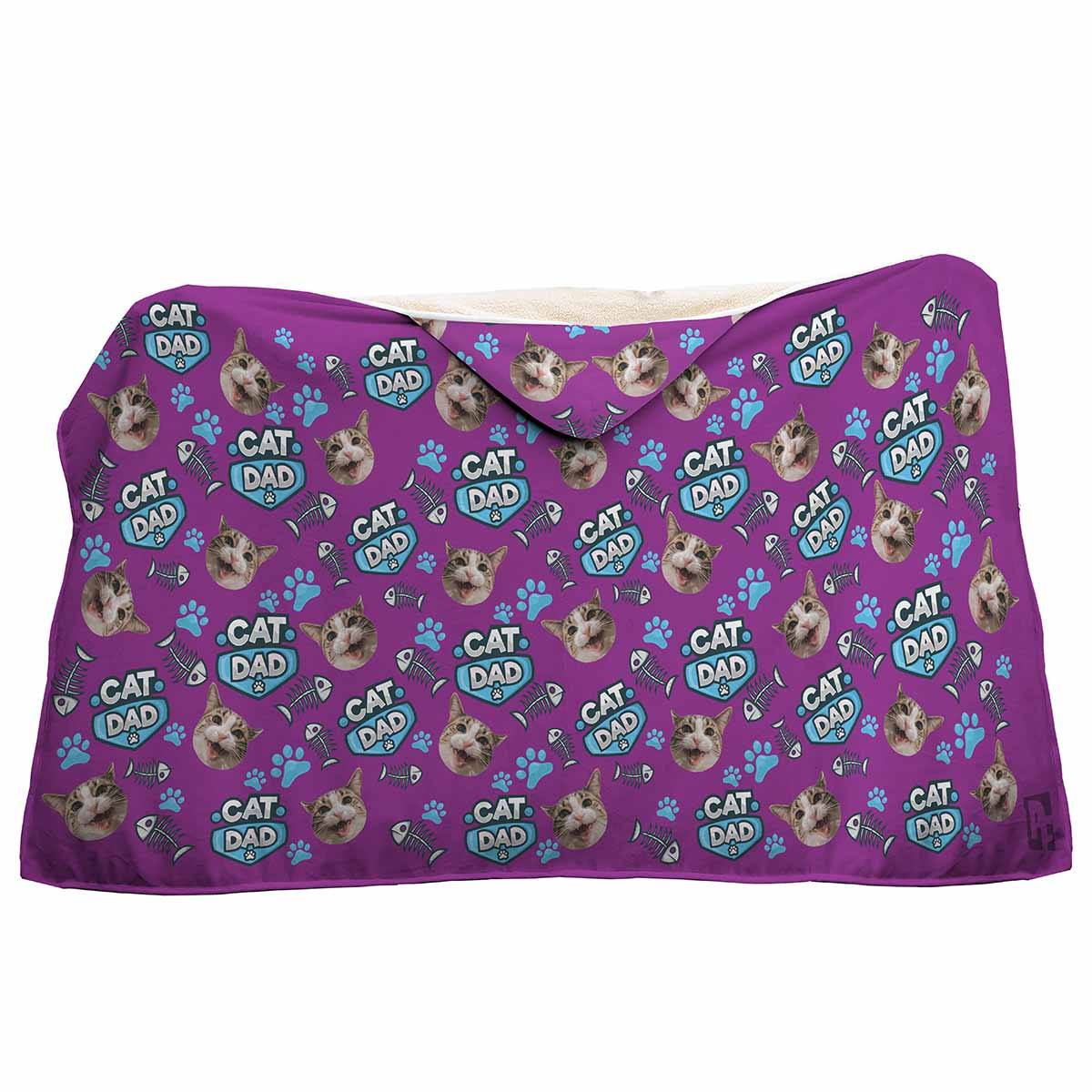 purple Cat Dad hooded blanket personalized with photo of face printed on it