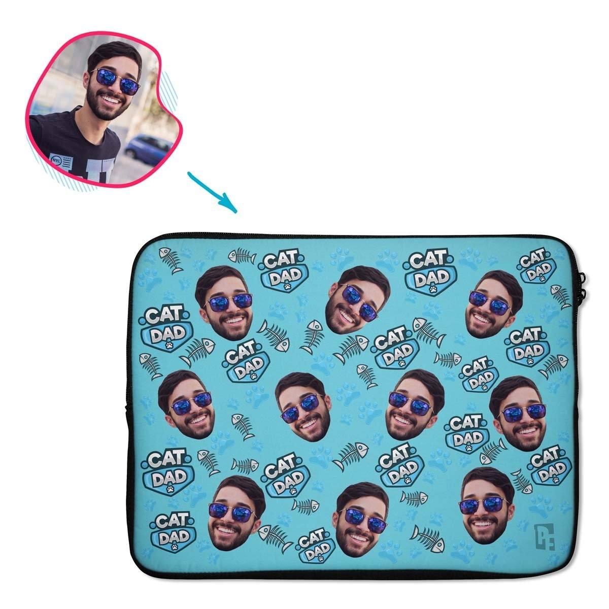 blue Cat Dad laptop sleeve personalized with photo of face printed on them