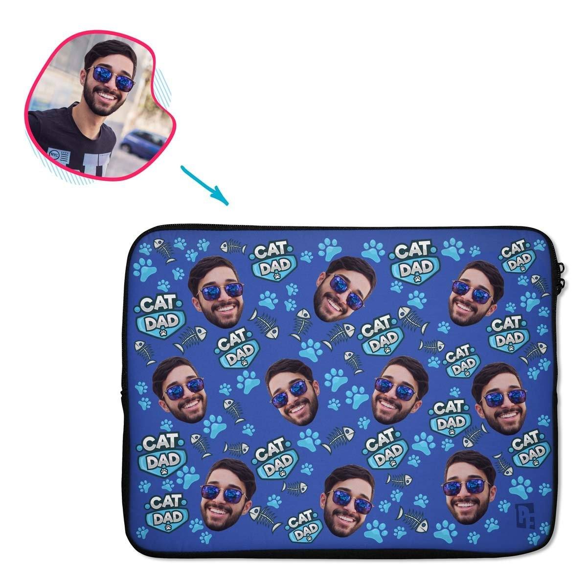 darkblue Cat Dad laptop sleeve personalized with photo of face printed on them