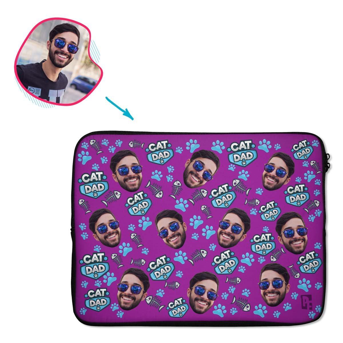 purple Cat Dad laptop sleeve personalized with photo of face printed on them