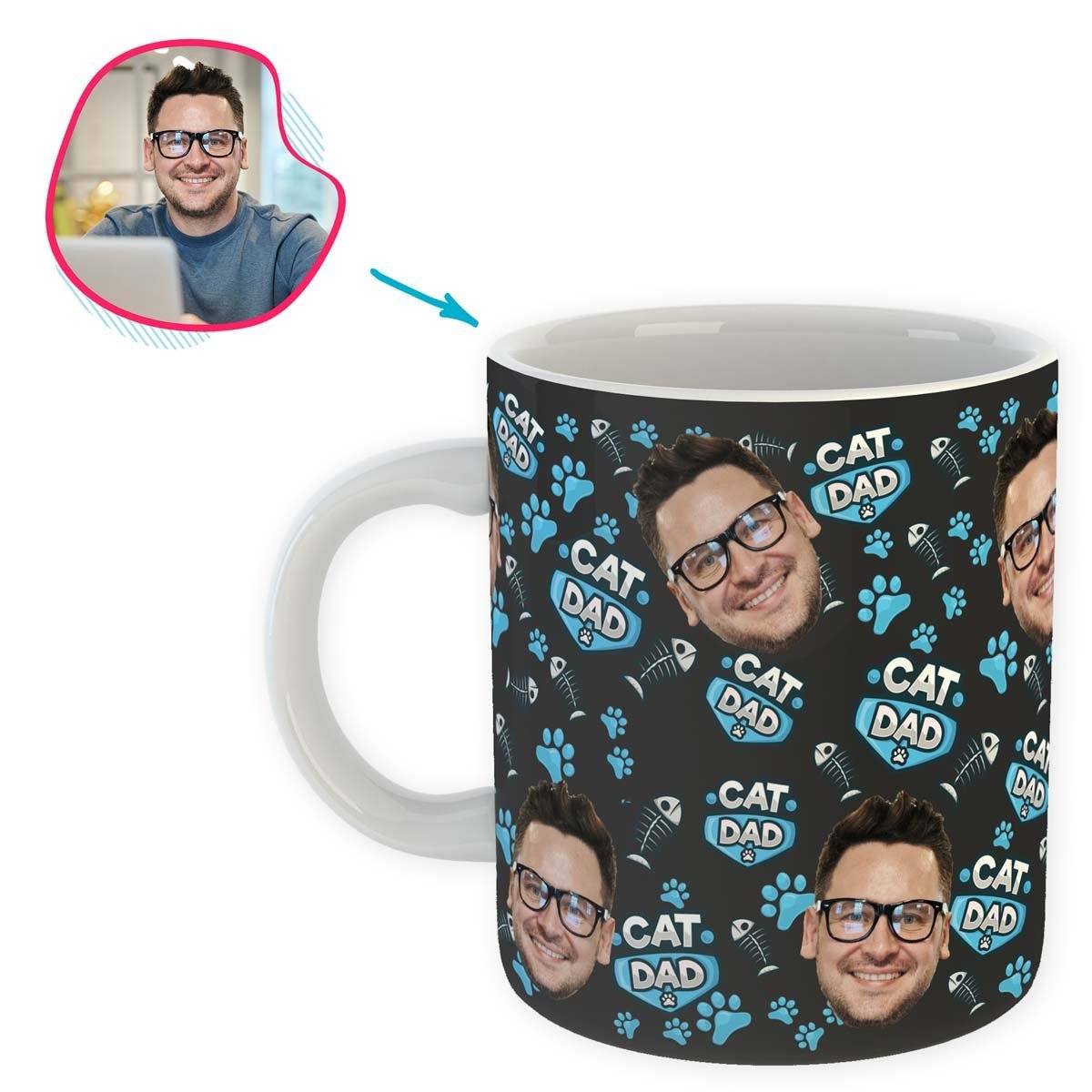 dark Cat Dad mug personalized with photo of face printed on it