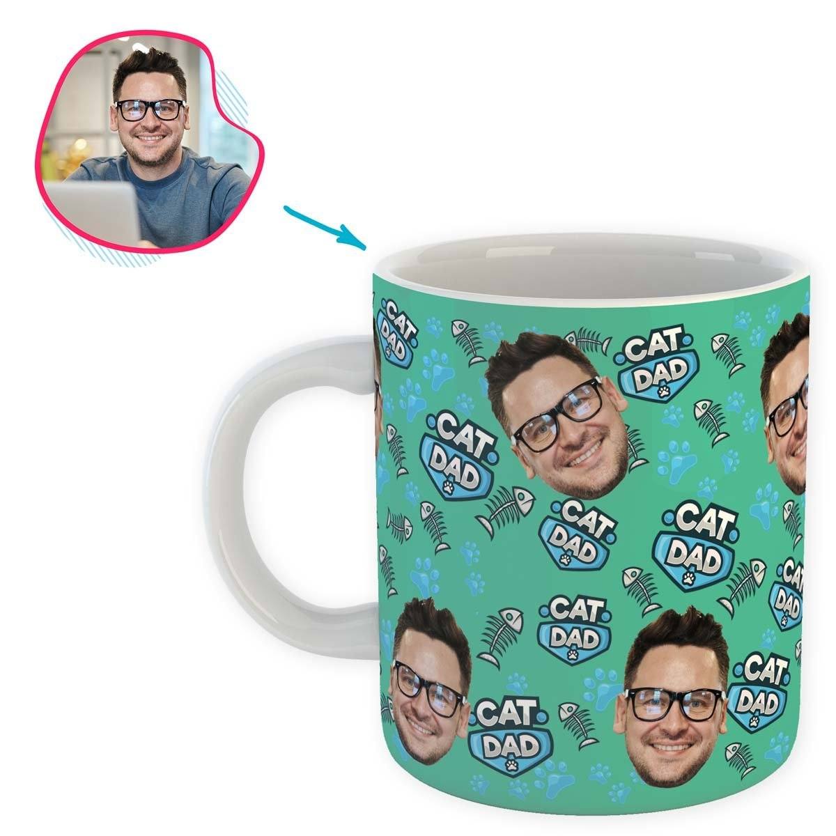 mint Cat Dad mug personalized with photo of face printed on it