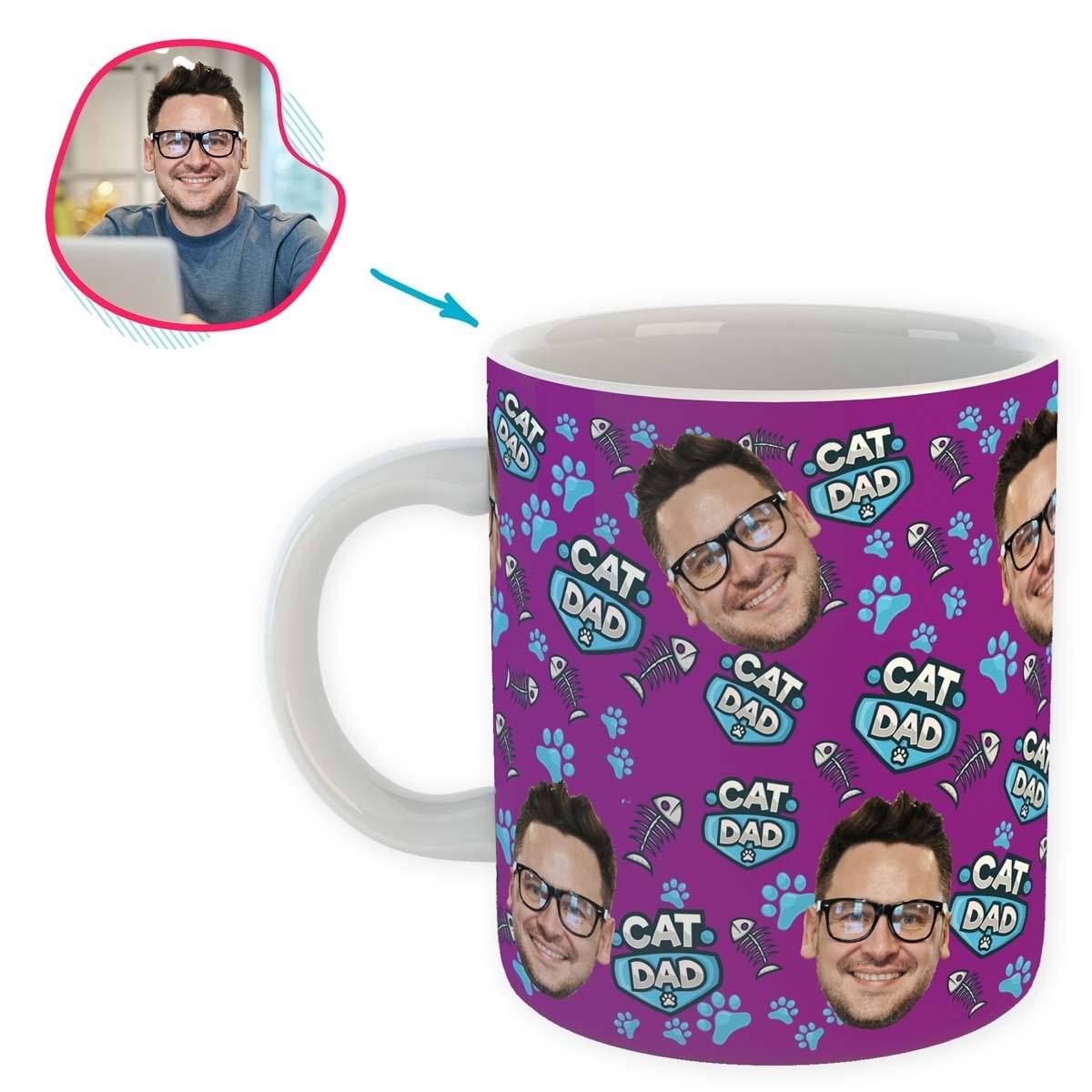 purple Cat Dad mug personalized with photo of face printed on it