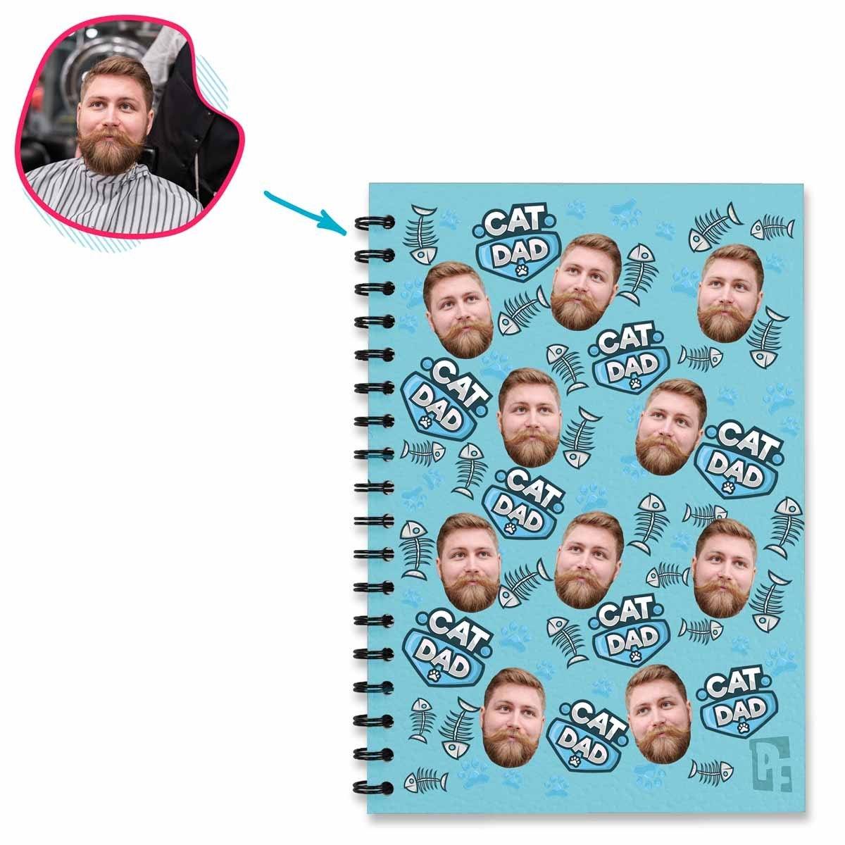 blue Cat Dad Notebook personalized with photo of face printed on them