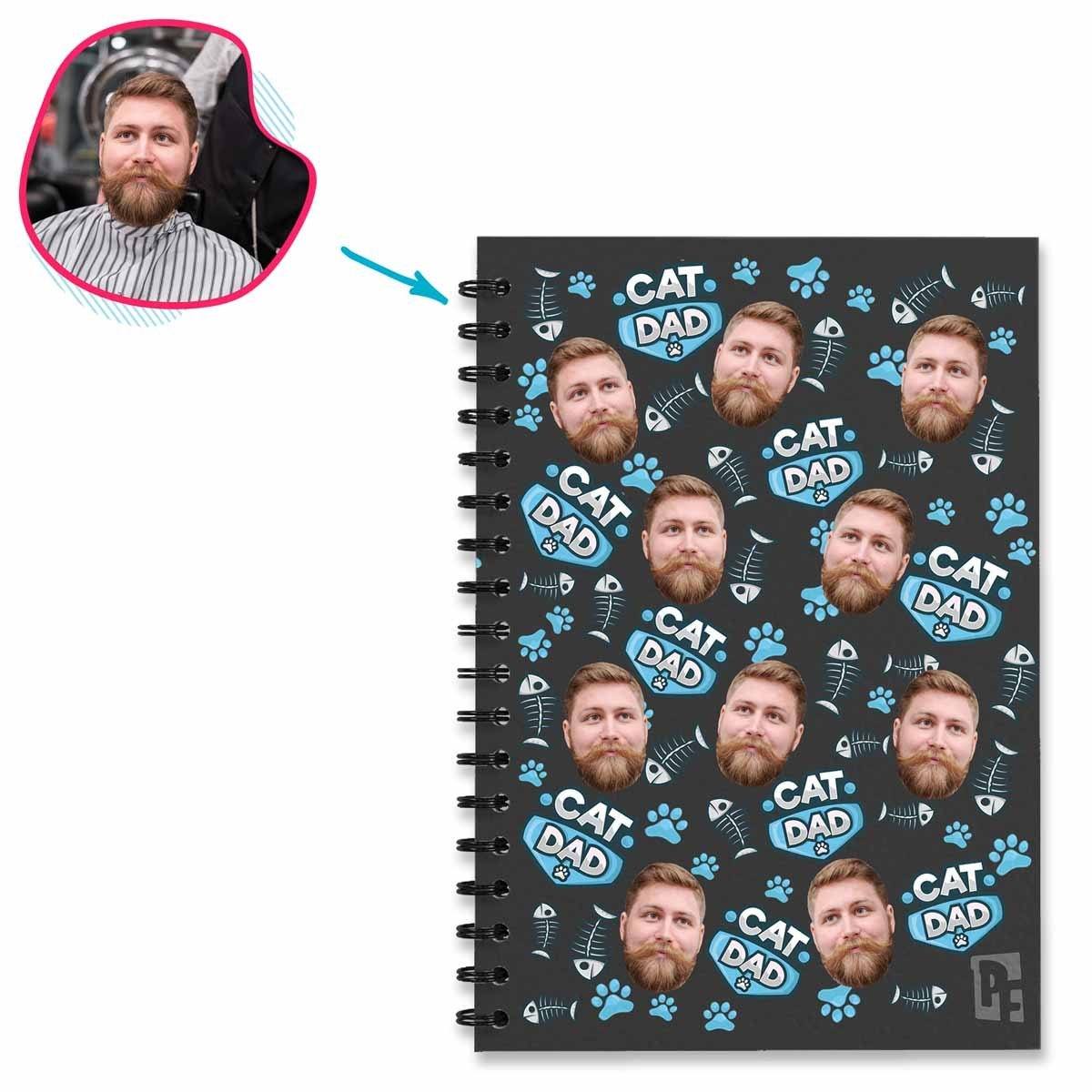 dark Cat Dad Notebook personalized with photo of face printed on them