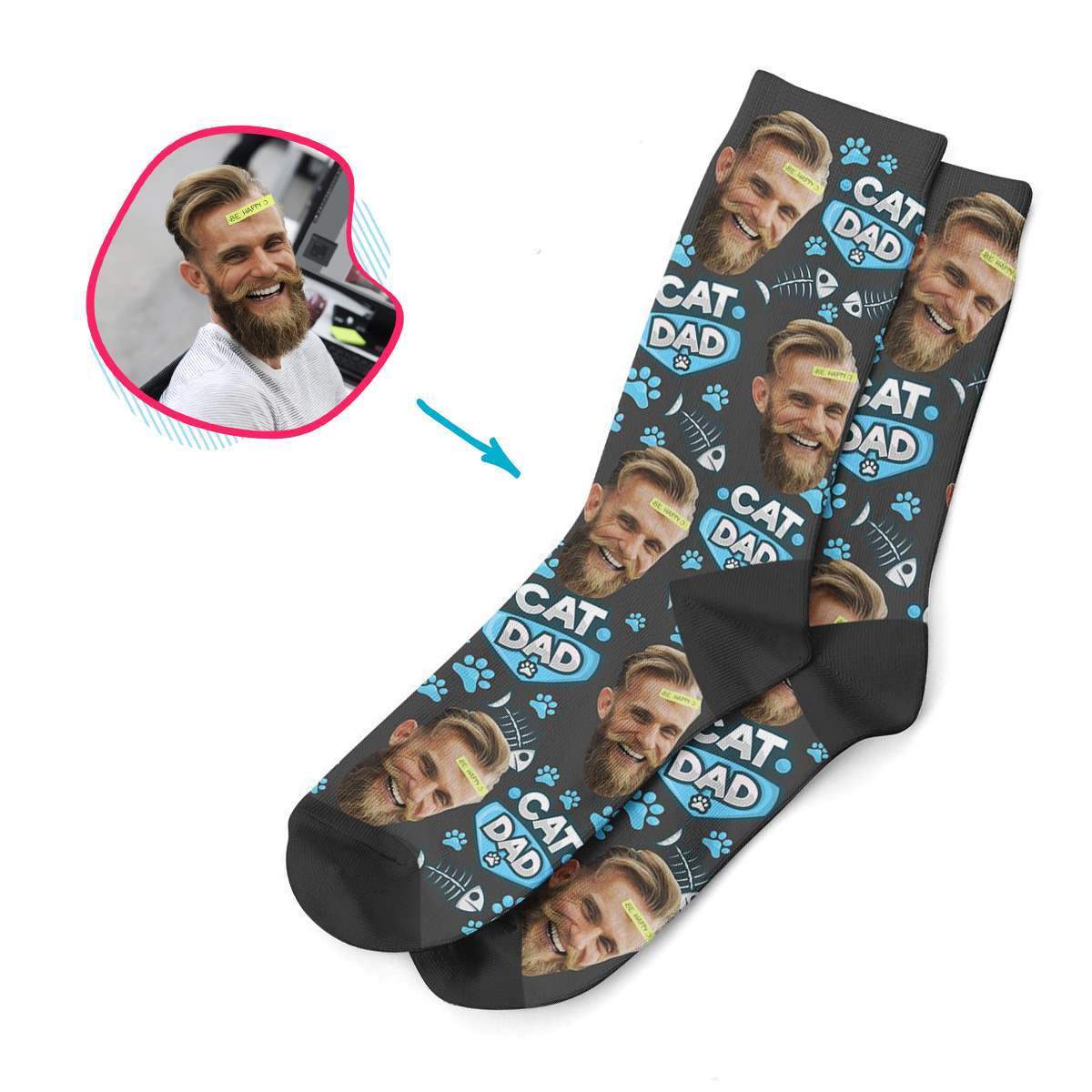 dark Cat Dad socks personalized with photo of face printed on them