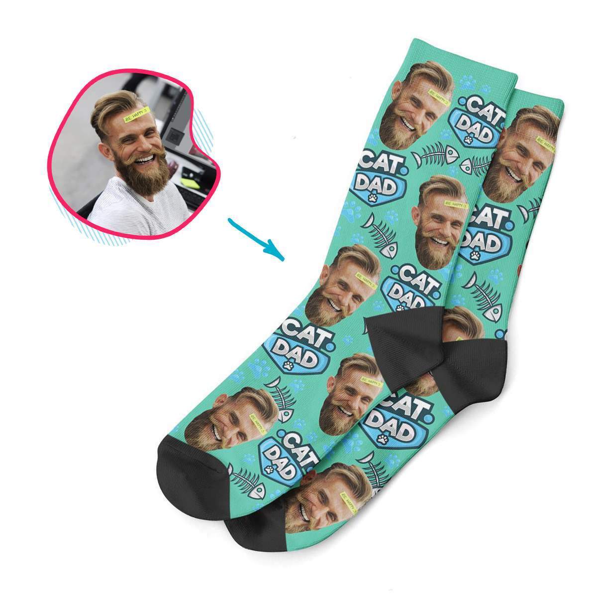 mint Cat Dad socks personalized with photo of face printed on them
