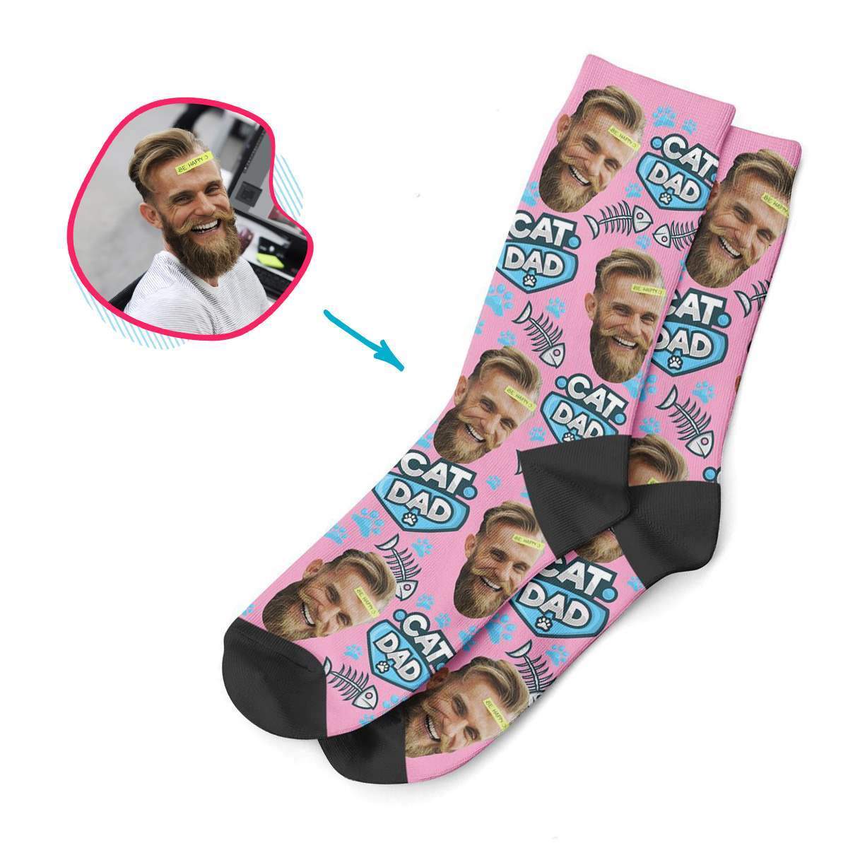 pink Cat Dad socks personalized with photo of face printed on them