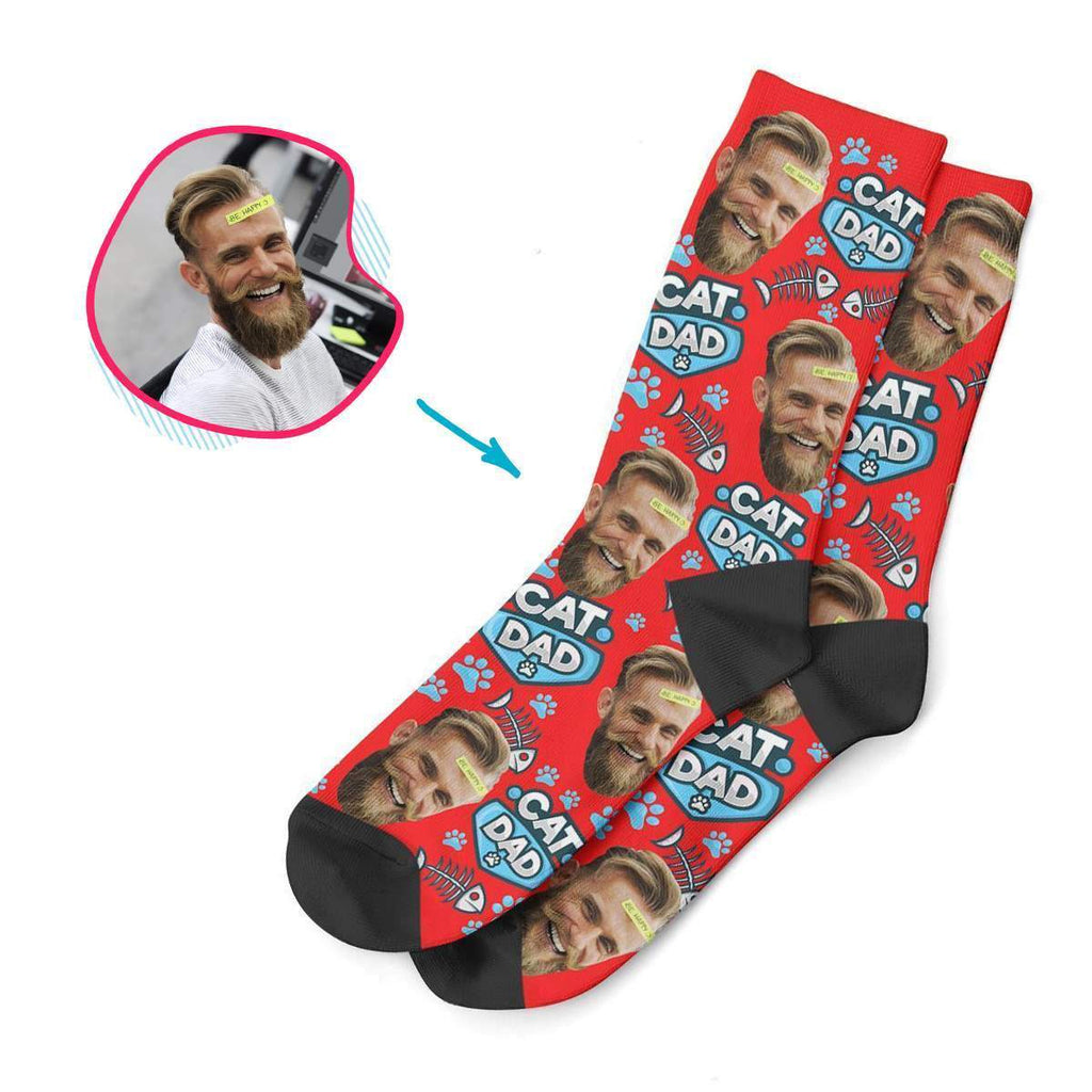 red Cat Dad socks personalized with photo of face printed on them