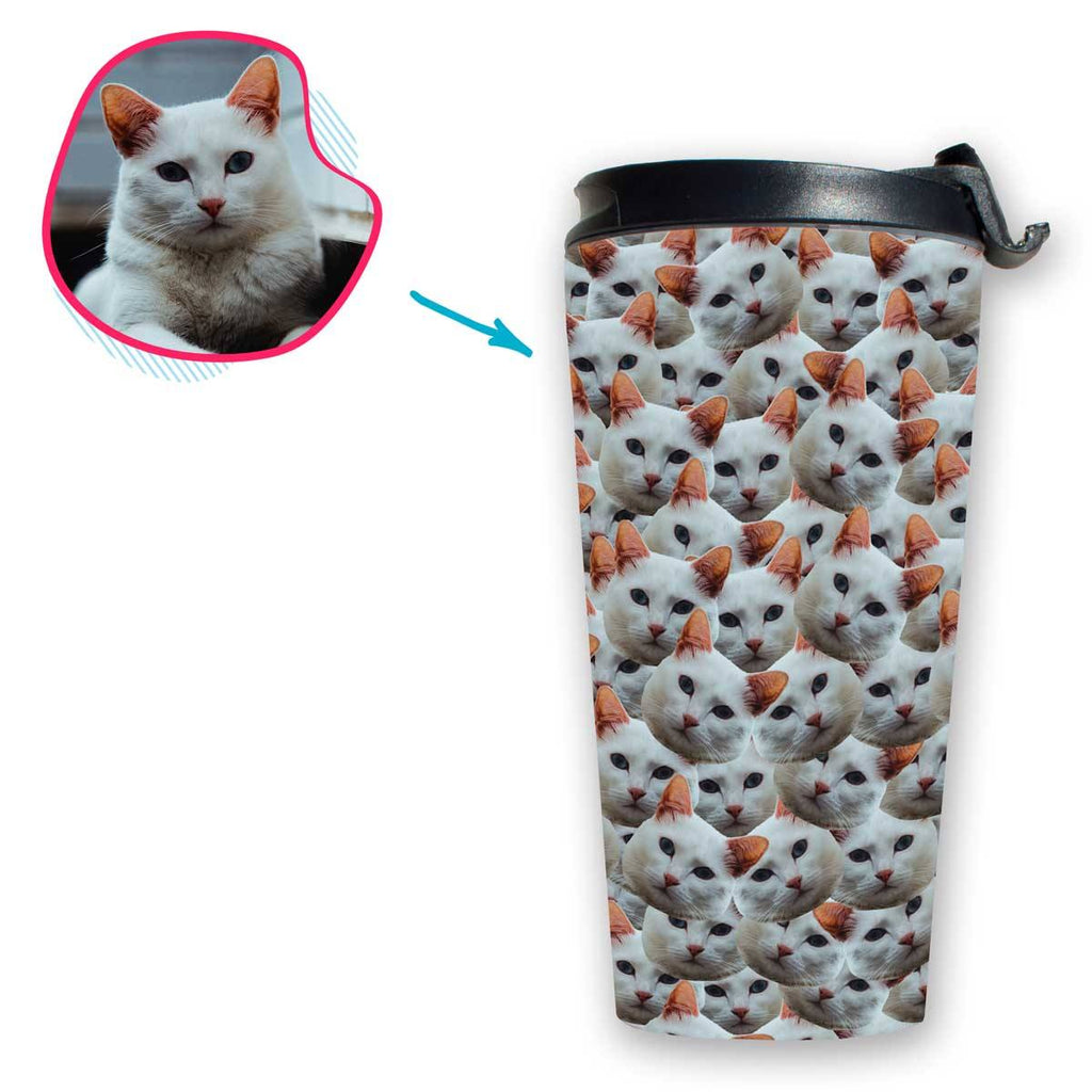 Cat Mash travel mug personalized with photo of face printed on it