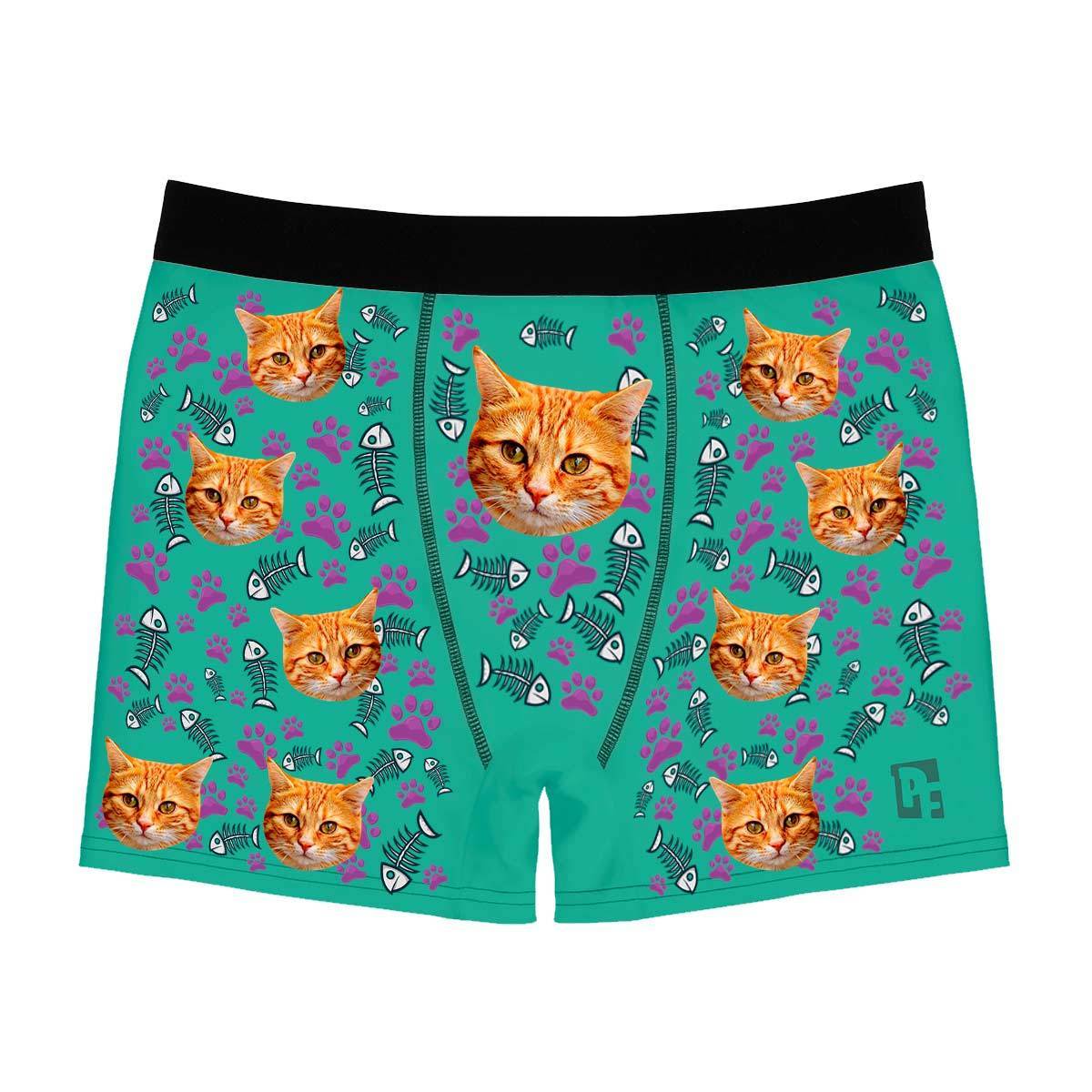 Mint Cat men's boxer briefs personalized with photo printed on them