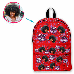red Cat Mom classic backpack personalized with photo of face printed on it