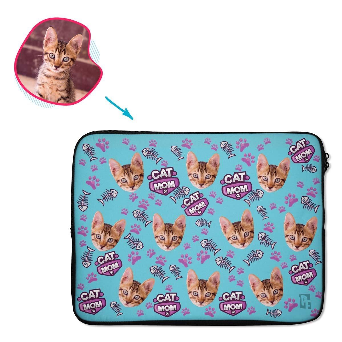 blue Cat Mom laptop sleeve personalized with photo of face printed on them