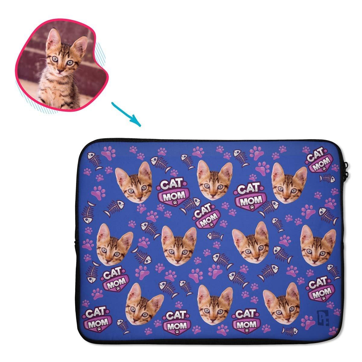 darkblue Cat Mom laptop sleeve personalized with photo of face printed on them