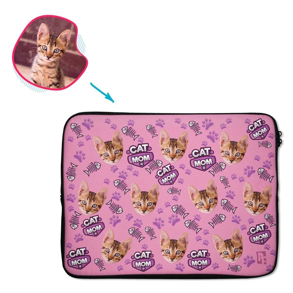 pink Cat Mom laptop sleeve personalized with photo of face printed on them
