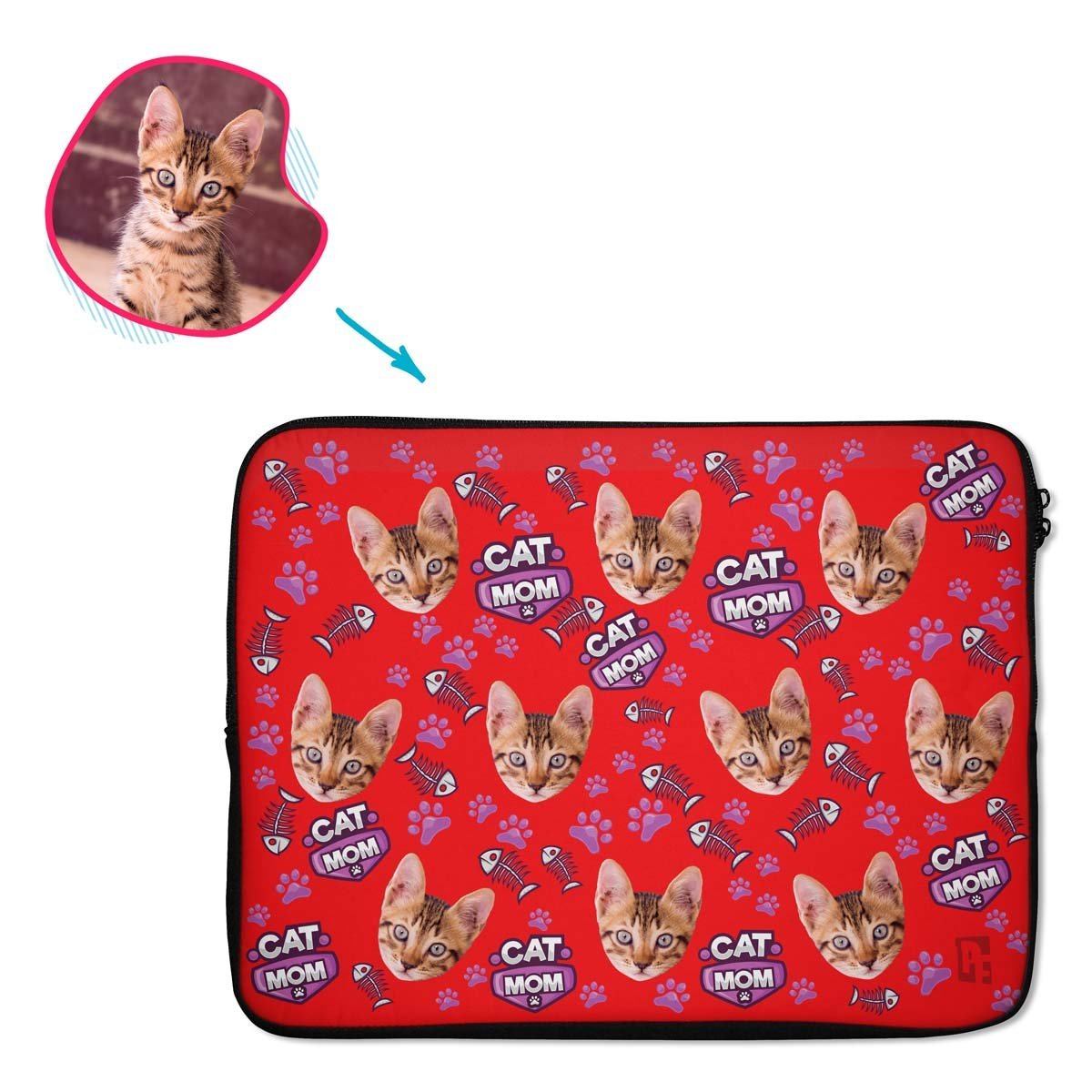 red Cat Mom laptop sleeve personalized with photo of face printed on them