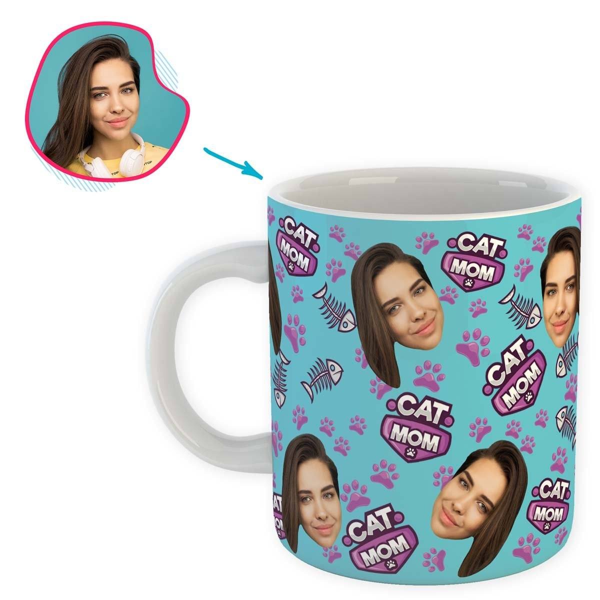 blue Cat Mom mug personalized with photo of face printed on it