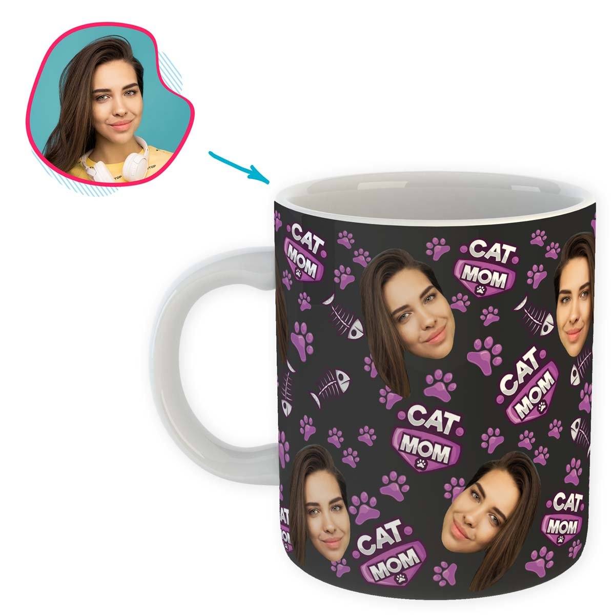 dark Cat Mom mug personalized with photo of face printed on it