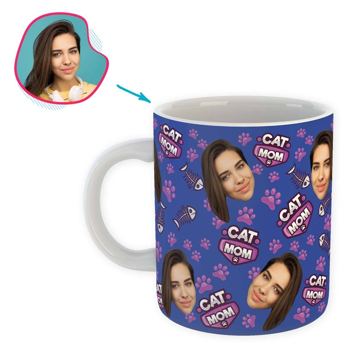 darkblue Cat Mom mug personalized with photo of face printed on it