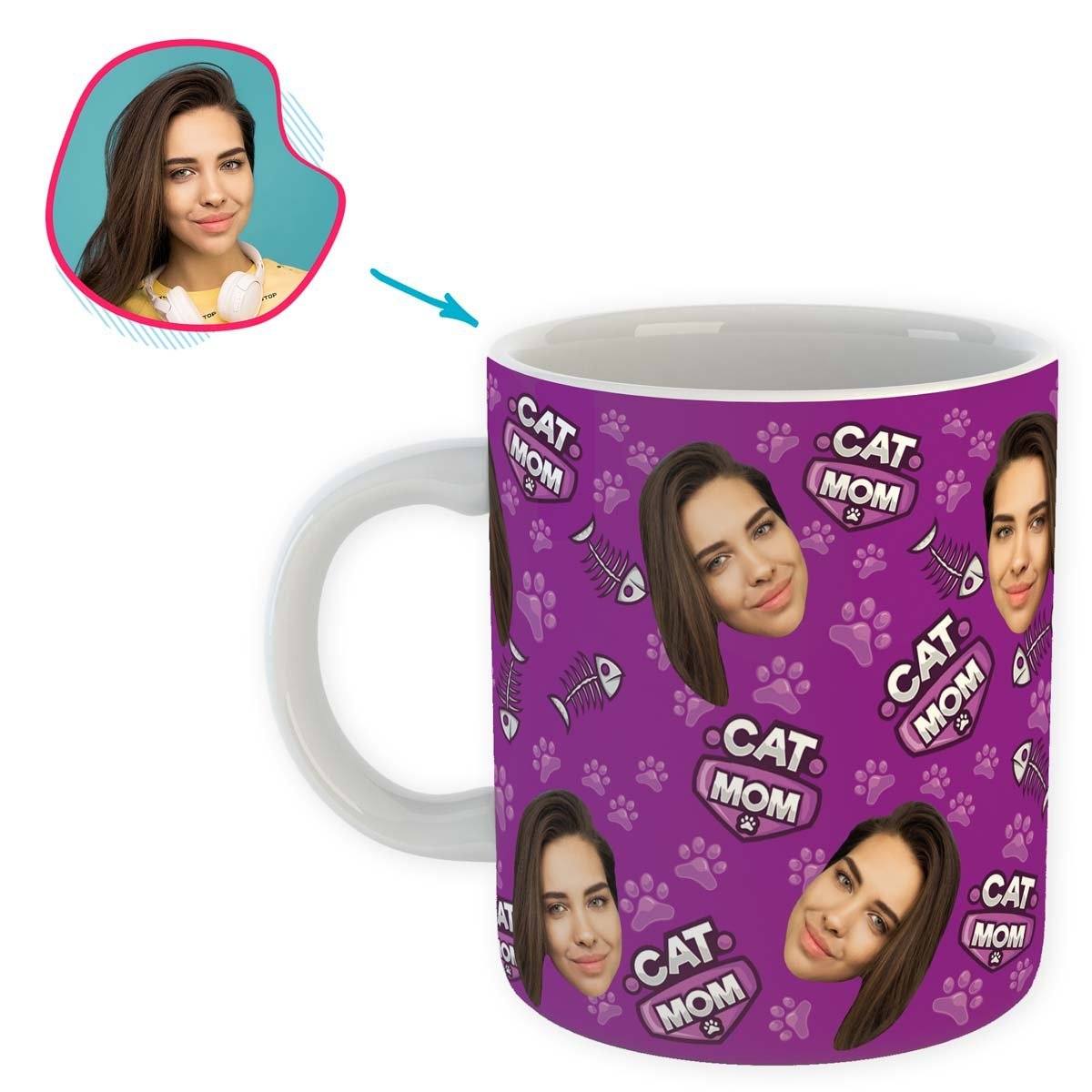 purple Cat Mom mug personalized with photo of face printed on it