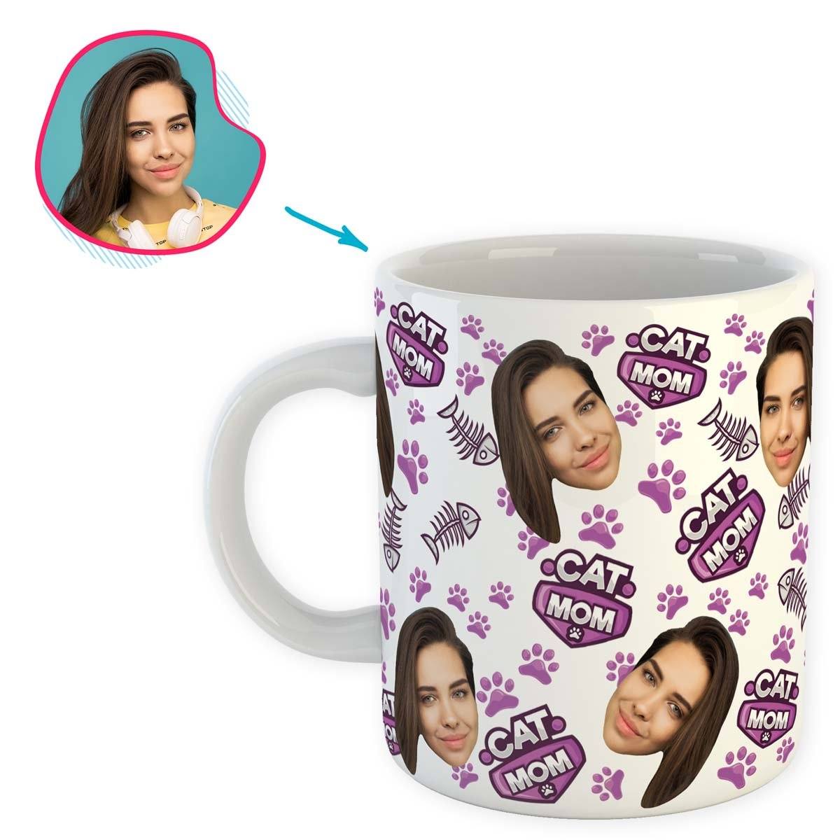 white Cat Mom mug personalized with photo of face printed on it