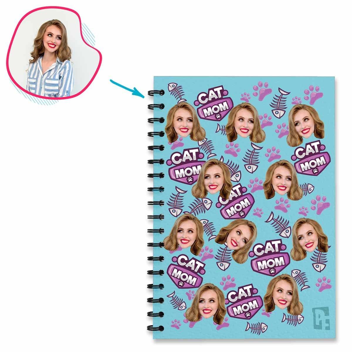 blue Cat Mom Notebook personalized with photo of face printed on them