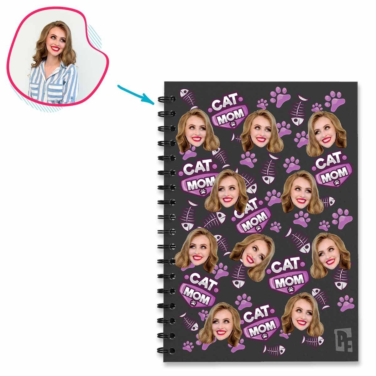 dark Cat Mom Notebook personalized with photo of face printed on them