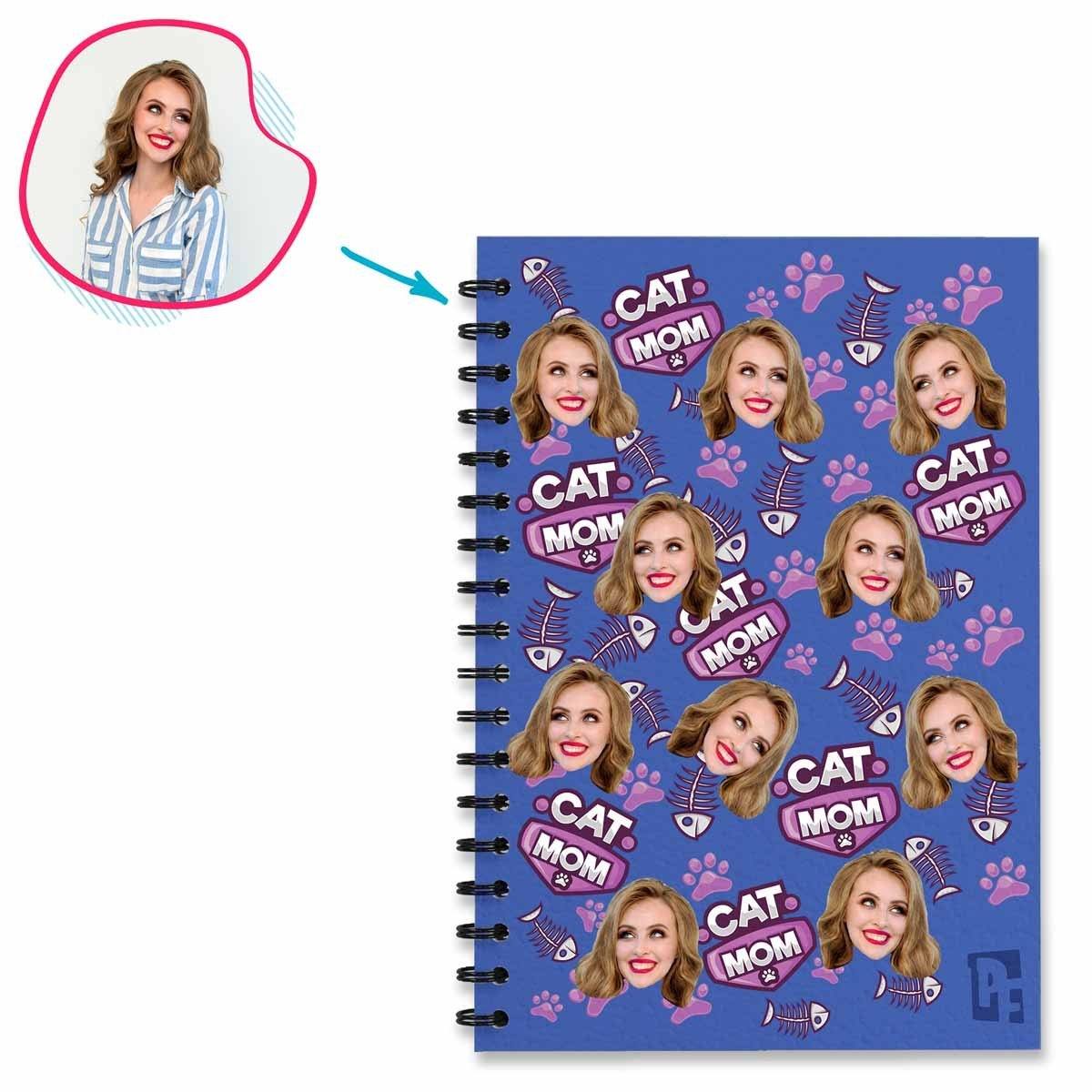 darkblue Cat Mom Notebook personalized with photo of face printed on them