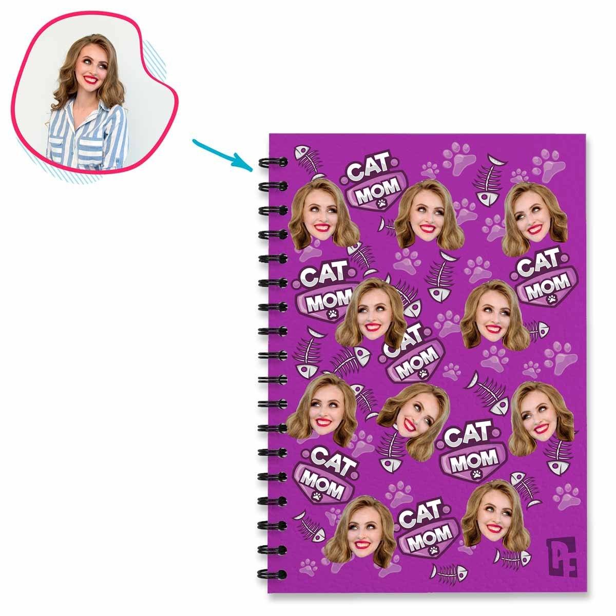 purple Cat Mom Notebook personalized with photo of face printed on them