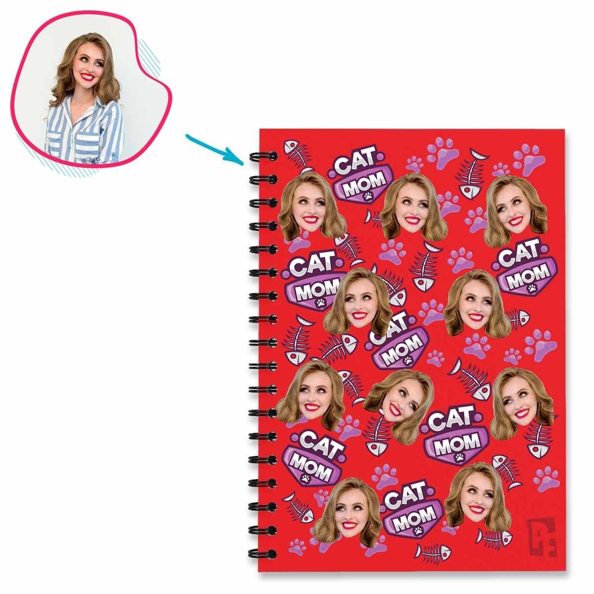 red Cat Mom Notebook personalized with photo of face printed on them