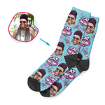Load image into Gallery viewer, blue Cat Mom socks personalized with photo of face printed on them
