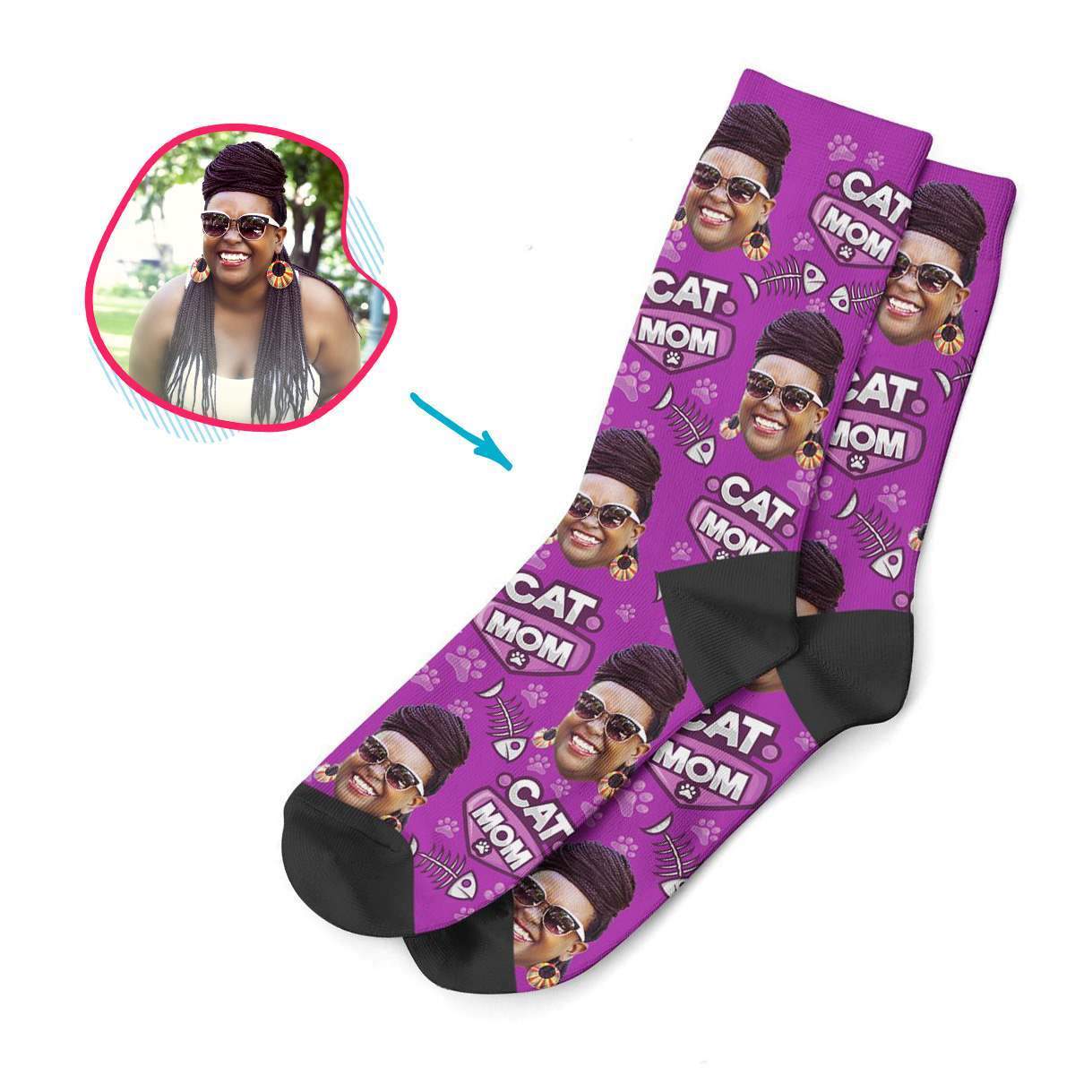 purple Cat Mom socks personalized with photo of face printed on them