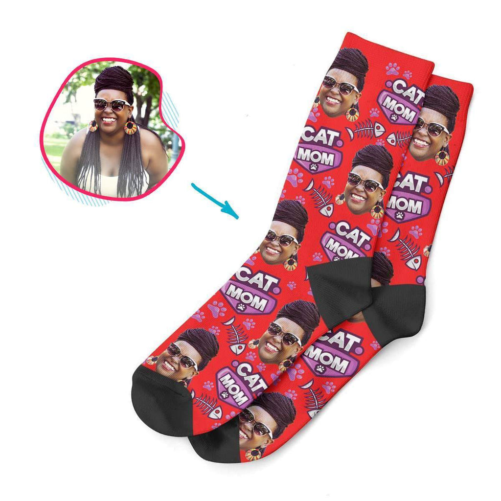 red Cat Mom socks personalized with photo of face printed on them