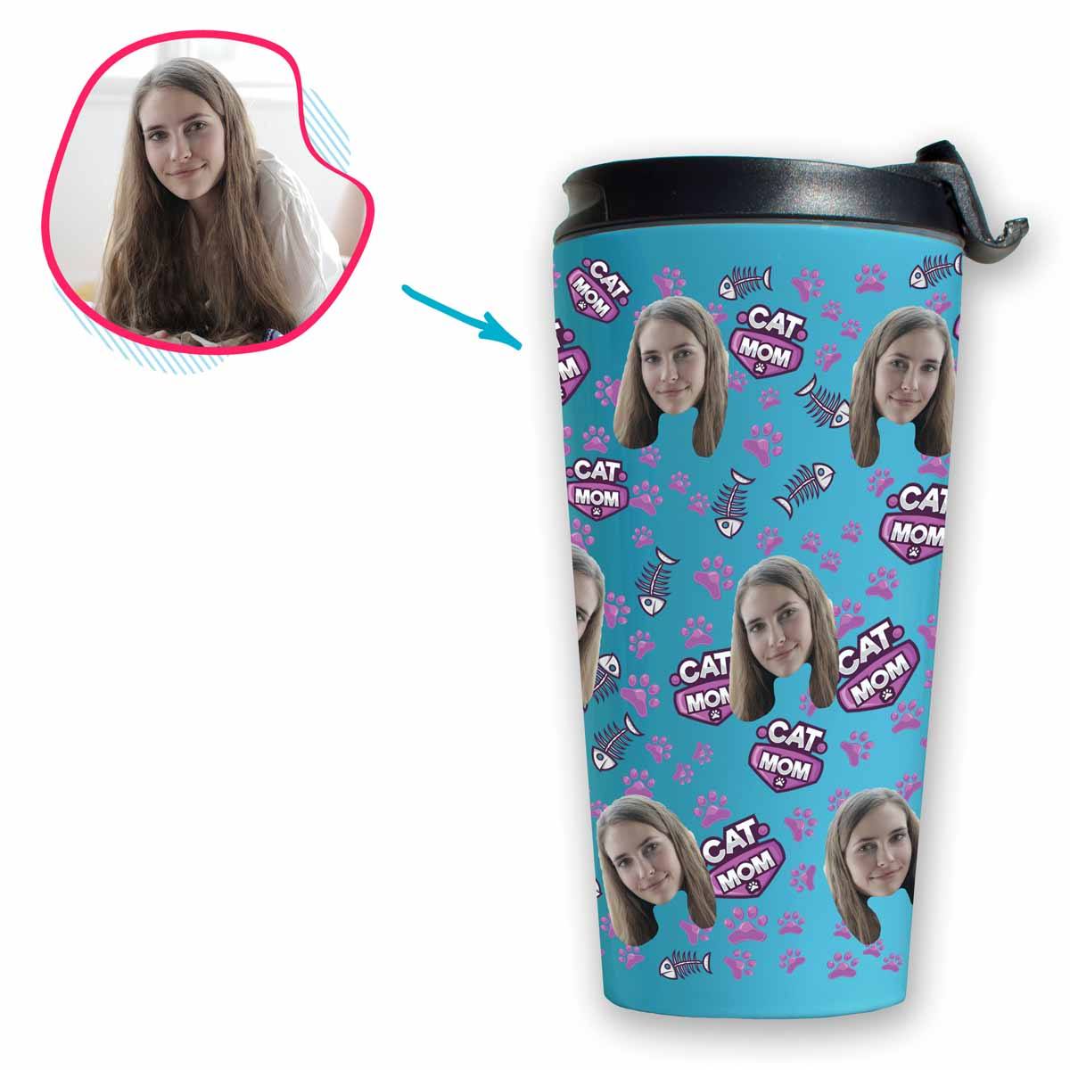 blue Cat Mom travel mug personalized with photo of face printed on it